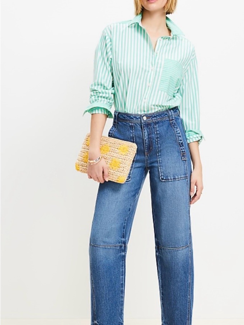 LOFT Mid-Blue High Rise Utility  Barrel Jeans with Panel Detail